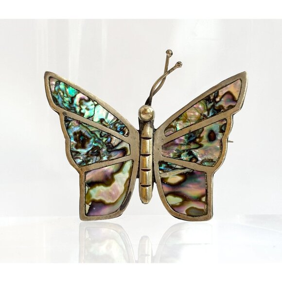 Butterfly Beto of Taxco Mexican Abalone ShellVintage Sterling Silver Brooch - Picture 1 of 10